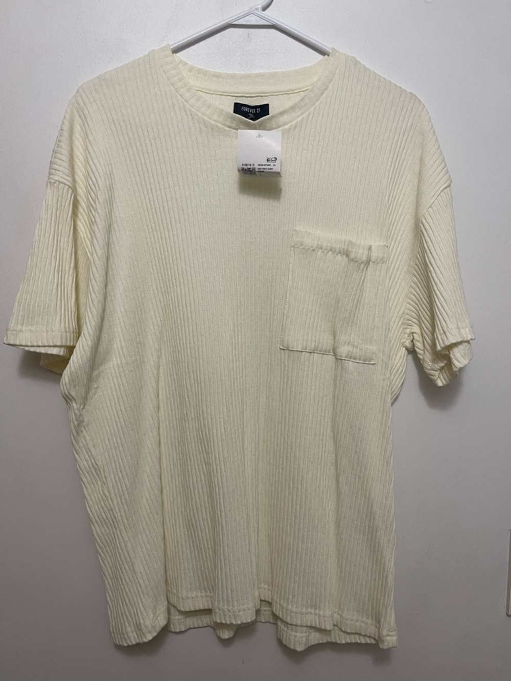 Forever 21 Men's Ribbed Cream Short Sleeve Pocket Tee